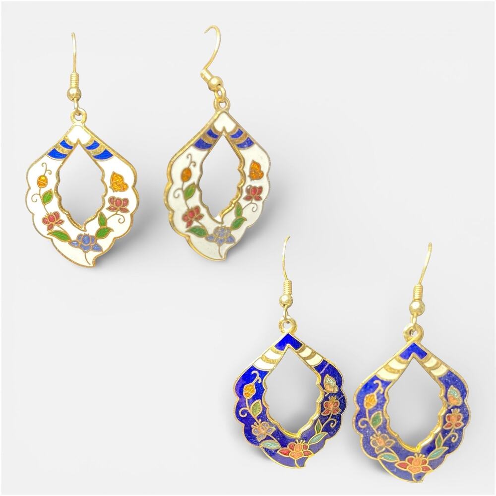 Vintage Cloisonne Enamel Dangle Earrings Lot of 2 Pairs Floral Gold Tone Boho